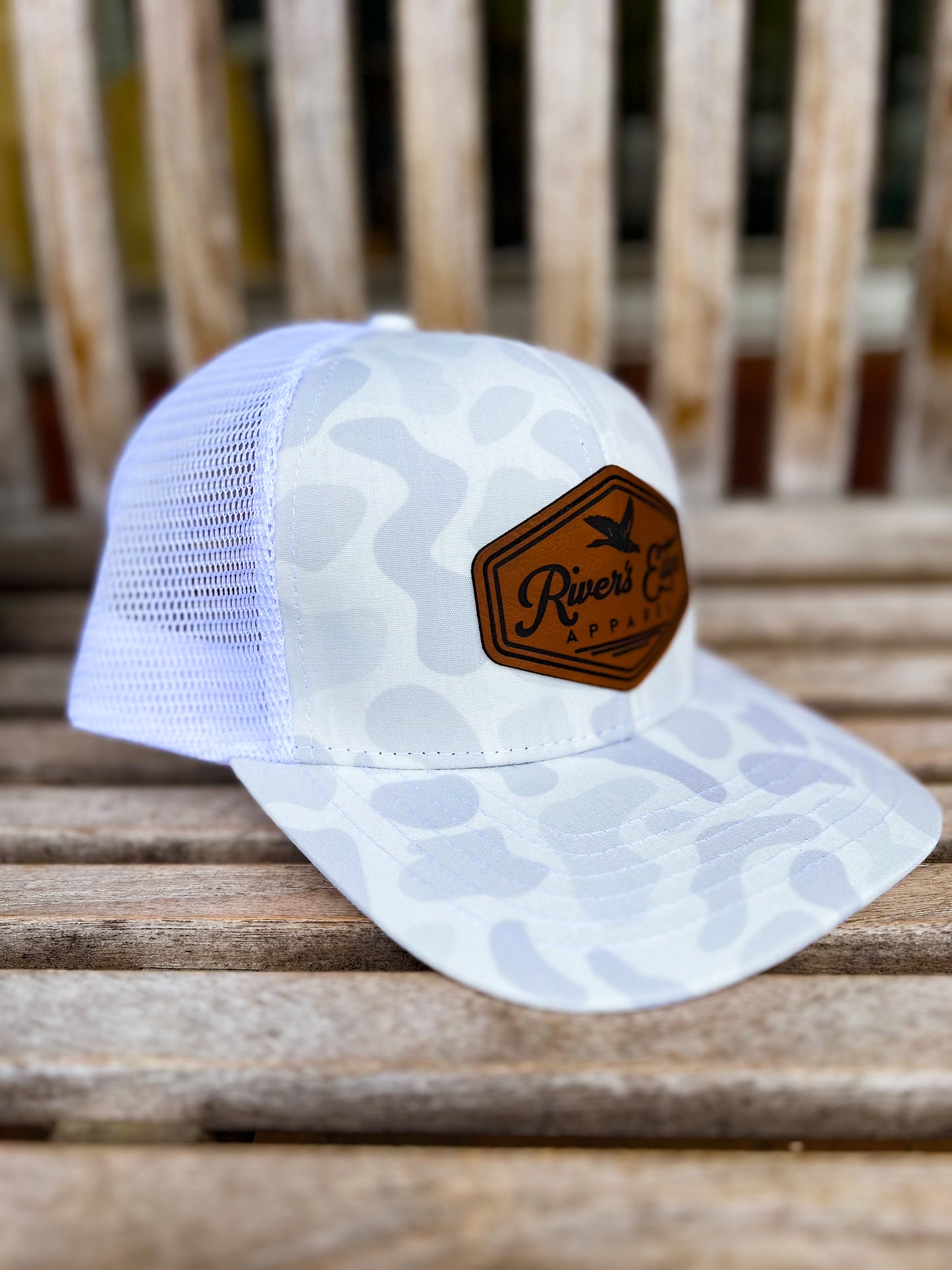 Rivers Edge Apparel Leather Patch Trucker Hat - White Old School Camo